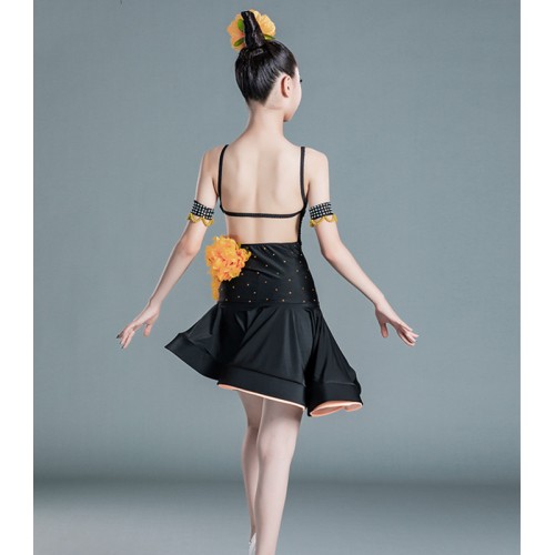 Girls kids black with orange flowers competition latin dance dress professional latin dance costumes with gemstones for children